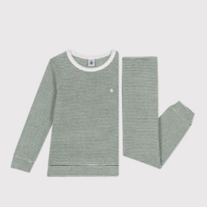 Badstoffen Pyjama 2 stuks - Green Stripes - Petit Bateau Badstoffen Pyjama 2 stuks - Green Stripes - Petit Bateau
