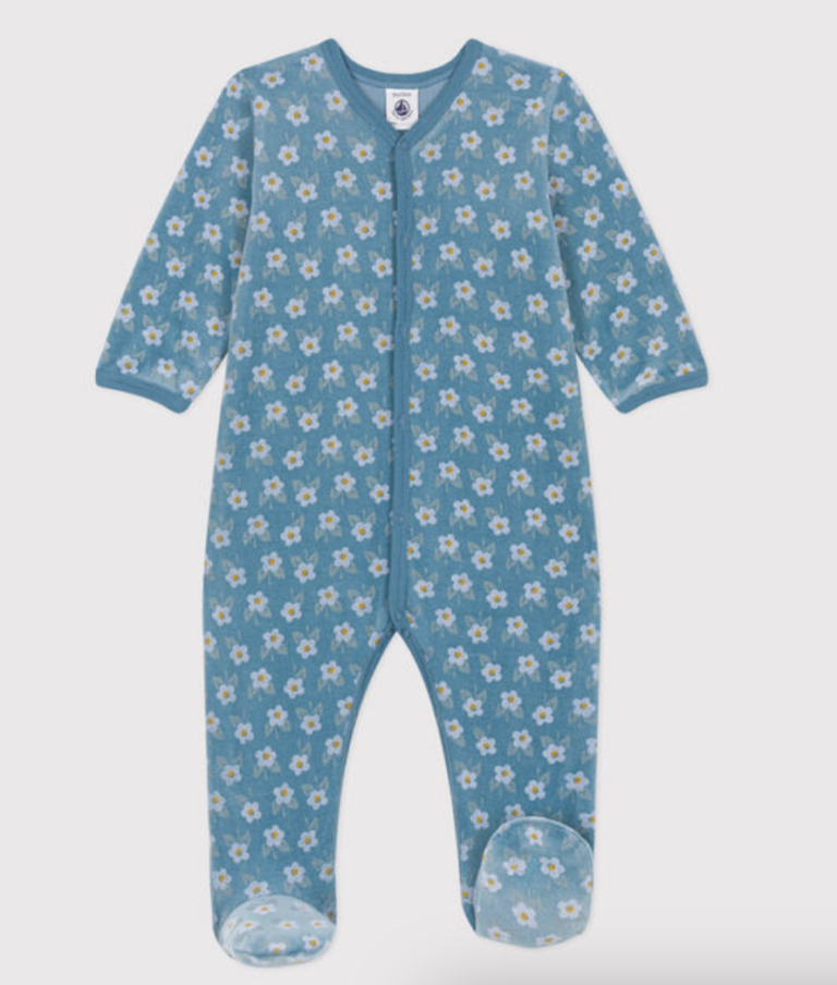 Fluwelen Babypyjama - Blue Flowers - Petit Bateau