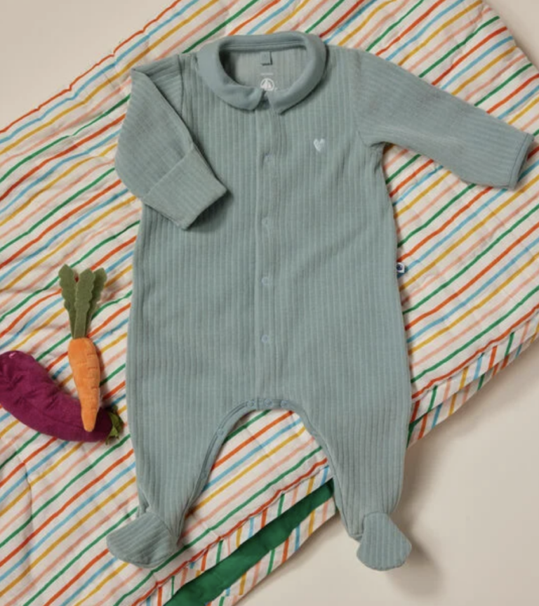 Fluwelen Babypyjama Collar - Groen - Petit Bateau