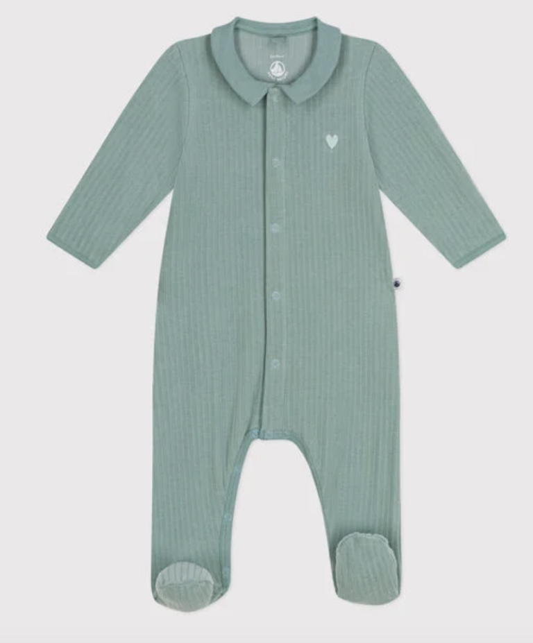 Fluwelen Babypyjama Collar - Groen - Petit Bateau