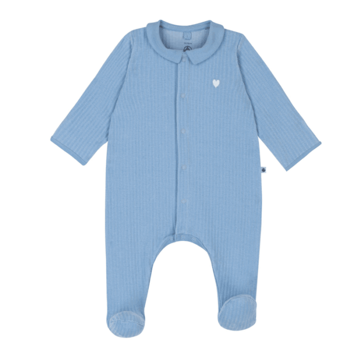 Fluwelen Babypyjama Hartje - Blauw - Petit Bateau Fluwelen Babypyjama Hartje - Blauw - Petit Bateau