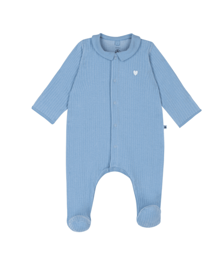 Fluwelen Babypyjama Hartje - Blauw - Petit Bateau
