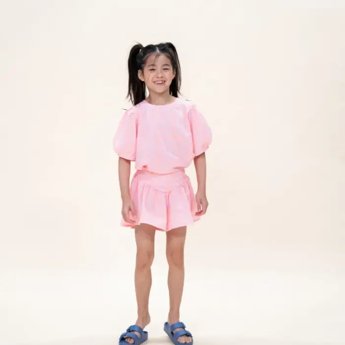 Puff Sleeve Blouse - Pink / Neon Orange - Petit Blush Puff Sleeve Blouse - Pink / Neon Orange - Petit Blush