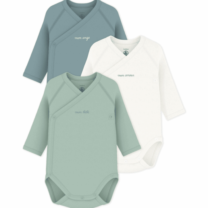 Set van 3 overslagbody’s Lange Mouwen - Groen- Petit Bateau Set van 3 overslagbody’s Lange Mouwen - Groen- Petit Bateau