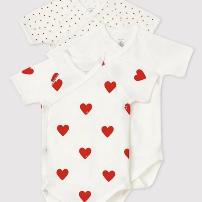 Set van 3 overslagbody's korte mouwen - Hartjes - Petit Bateau Set van 3 overslagbody's korte mouwen - Hartjes - Petit Bateau
